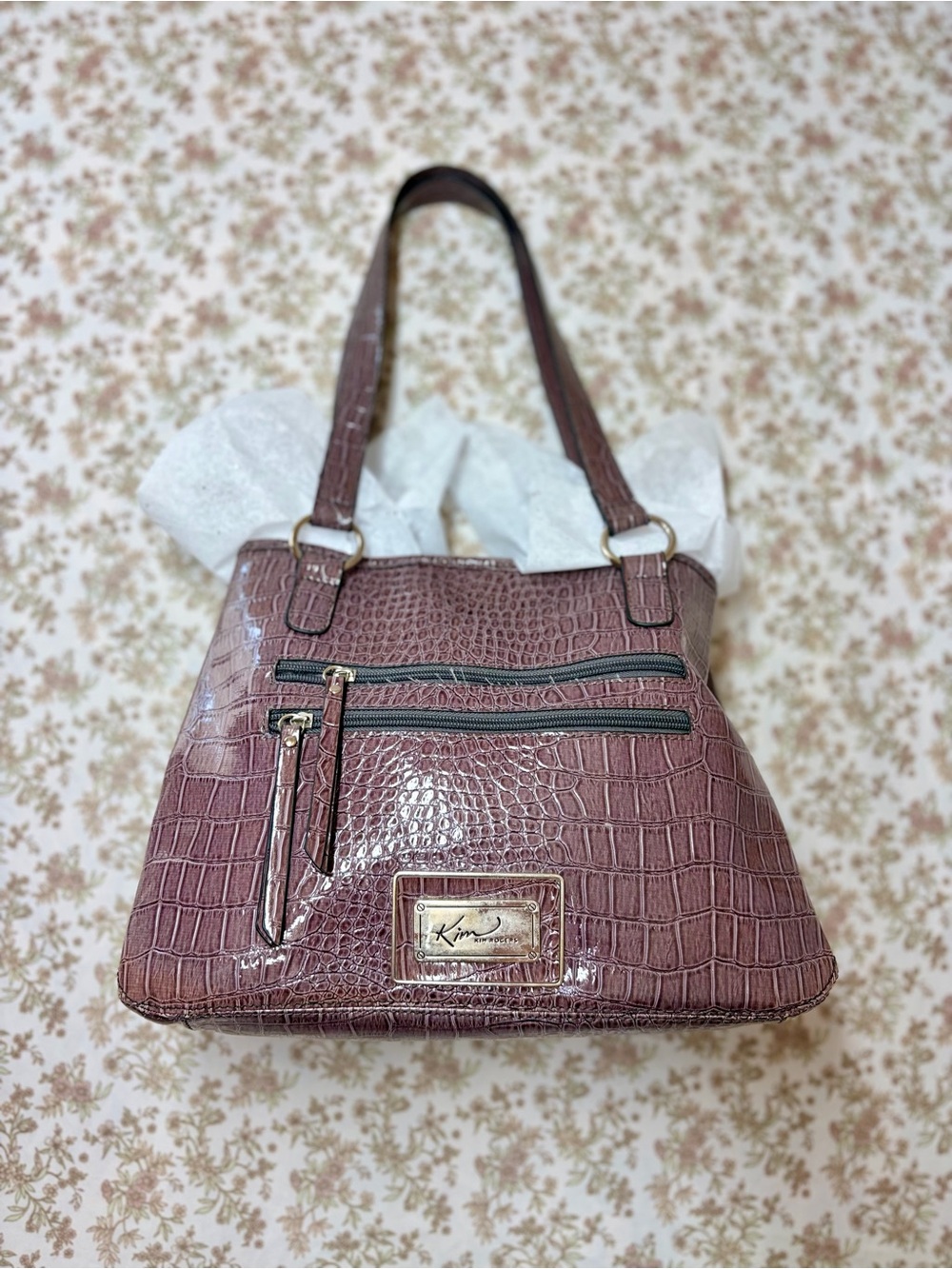 Kim Rogers Croc-Embossed Patent Shoulder Bag in Mauve Tone